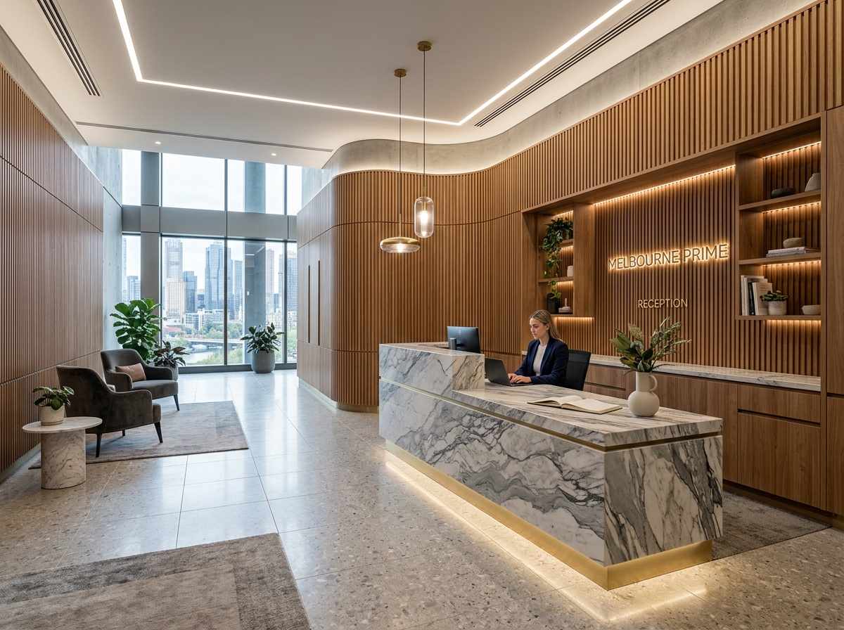 Custom commercial office joinery and reception desk fit-out Melbourne