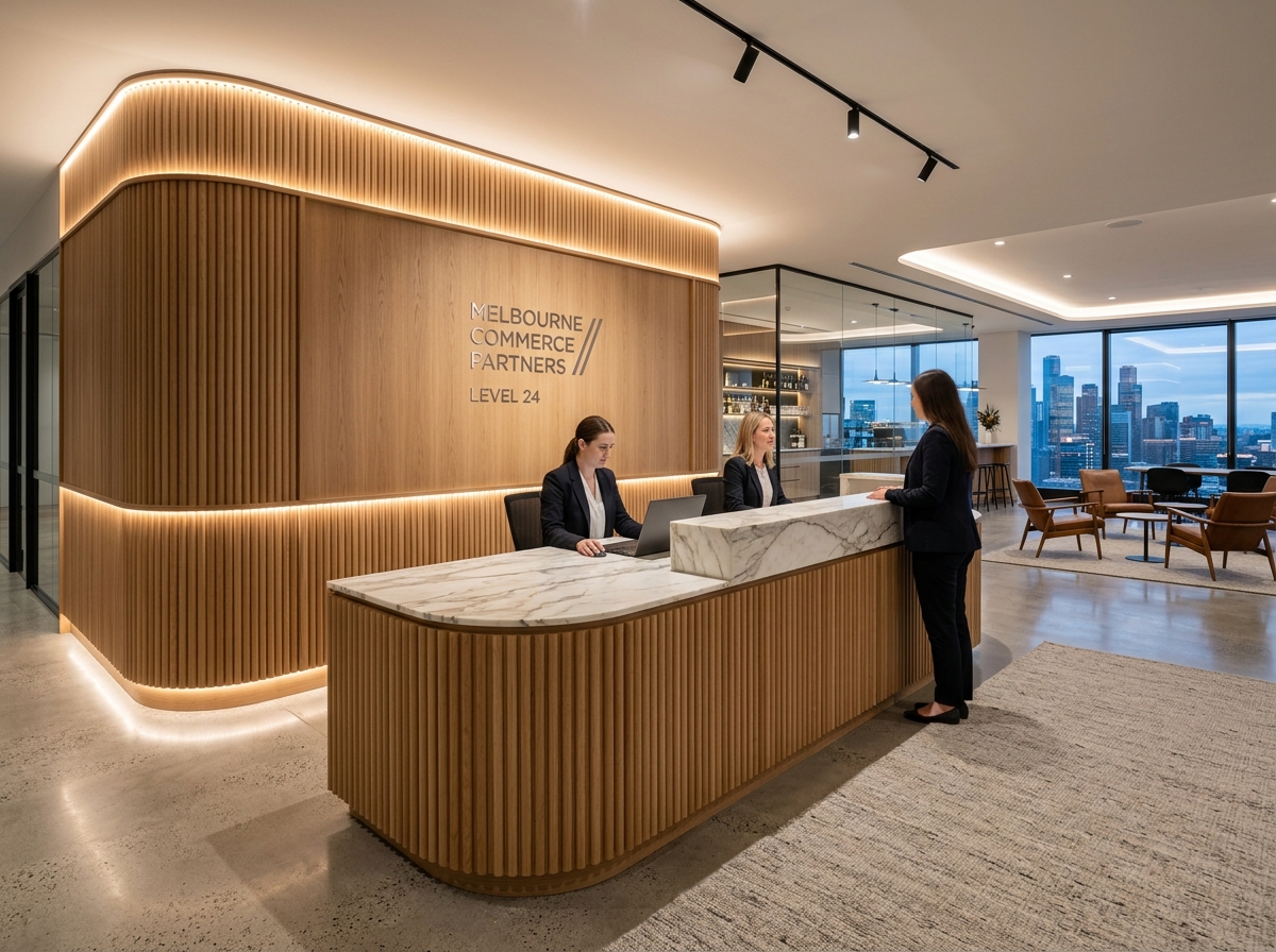 Commercial fit-out reception desk joinery installation, Melbourne