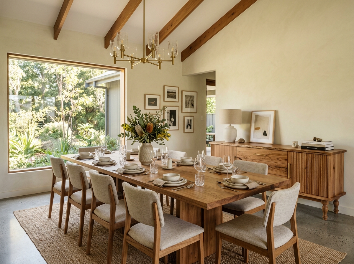 Handcrafted timber dining table and custom joinery credenza, Melbourne