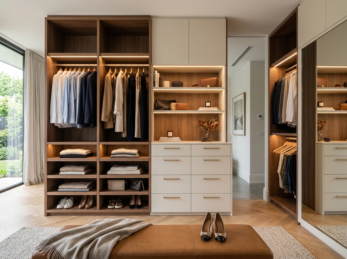 Custom built-in and walk-in wardrobe joinery with LED lighting and bespoke shelving